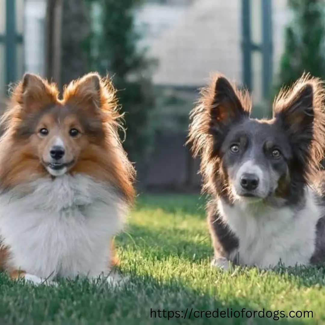  Shetland and collies relaxing in the grass.