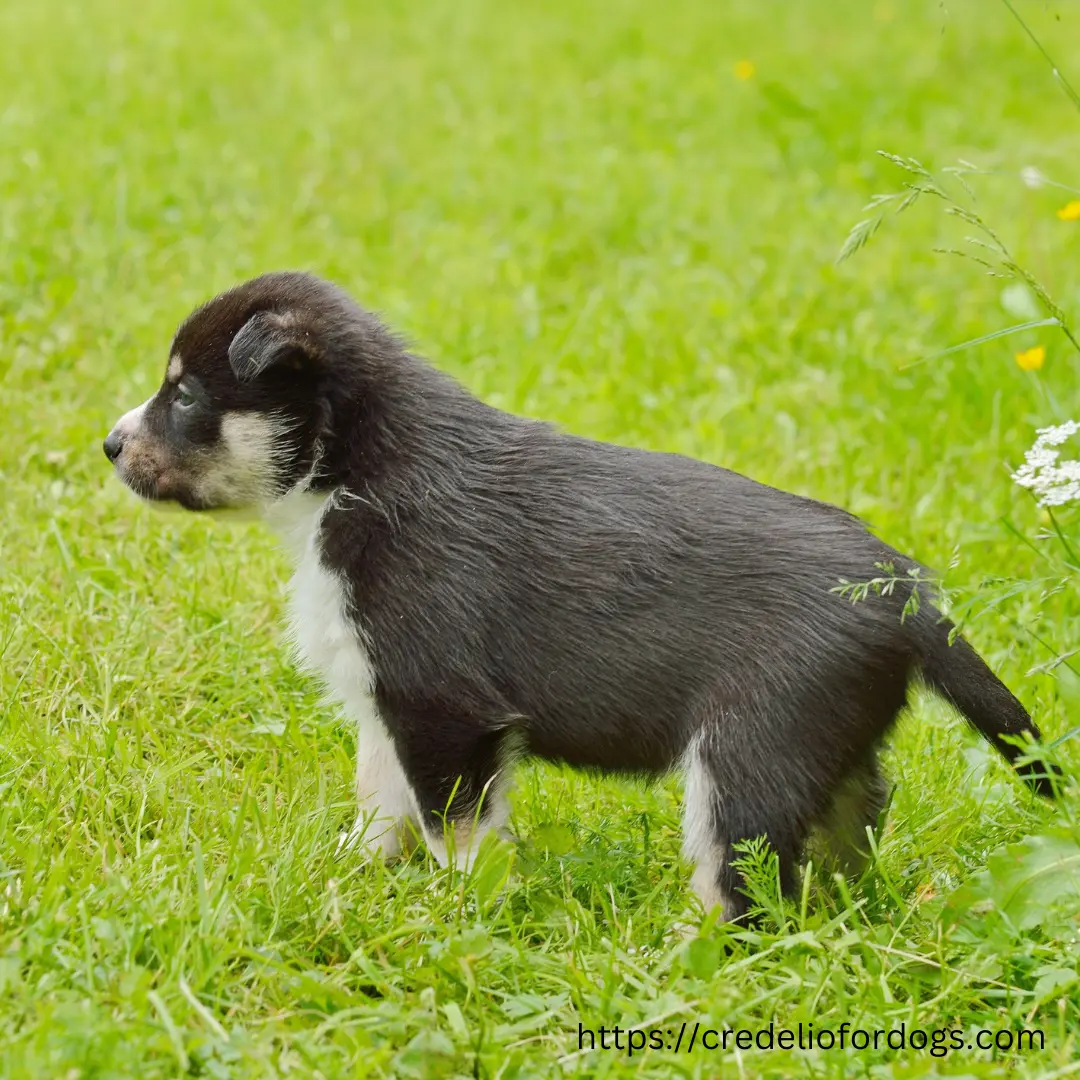 Adorable puppy with black and white fur in the grass.