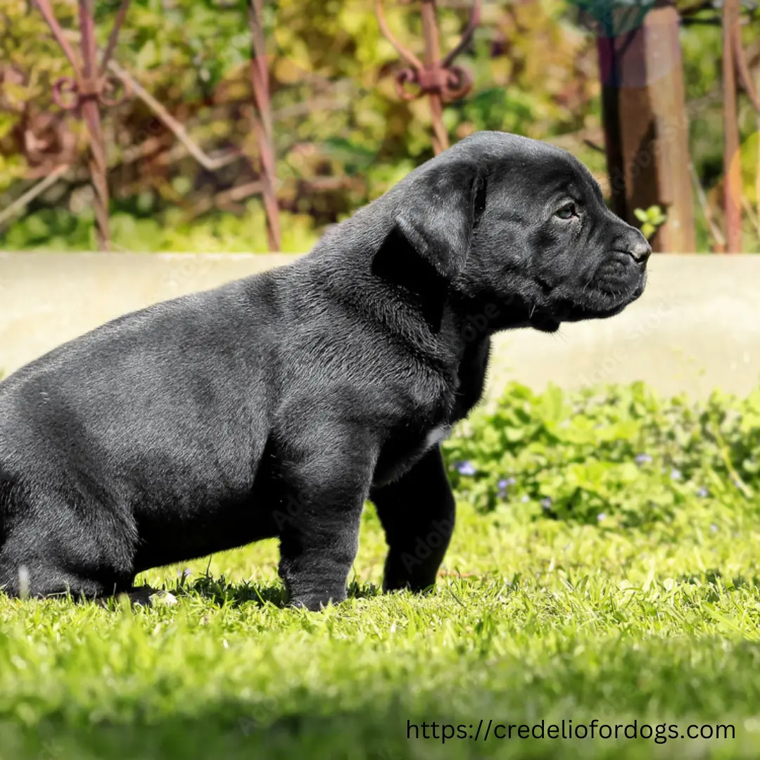 A black puppy standing in green grass.