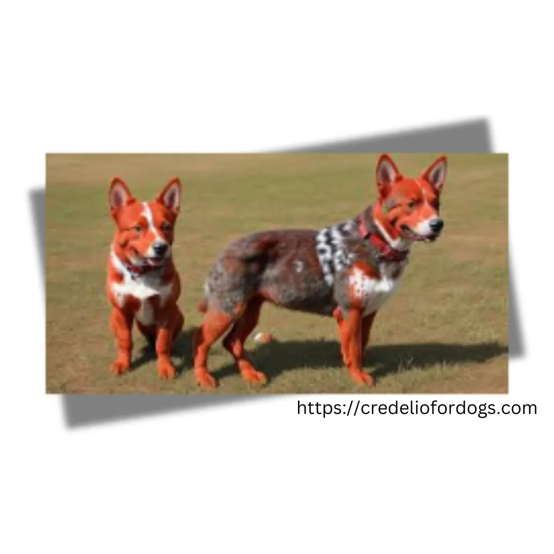  Red Australian Cattle Dog and another dog of different color standing in grass.