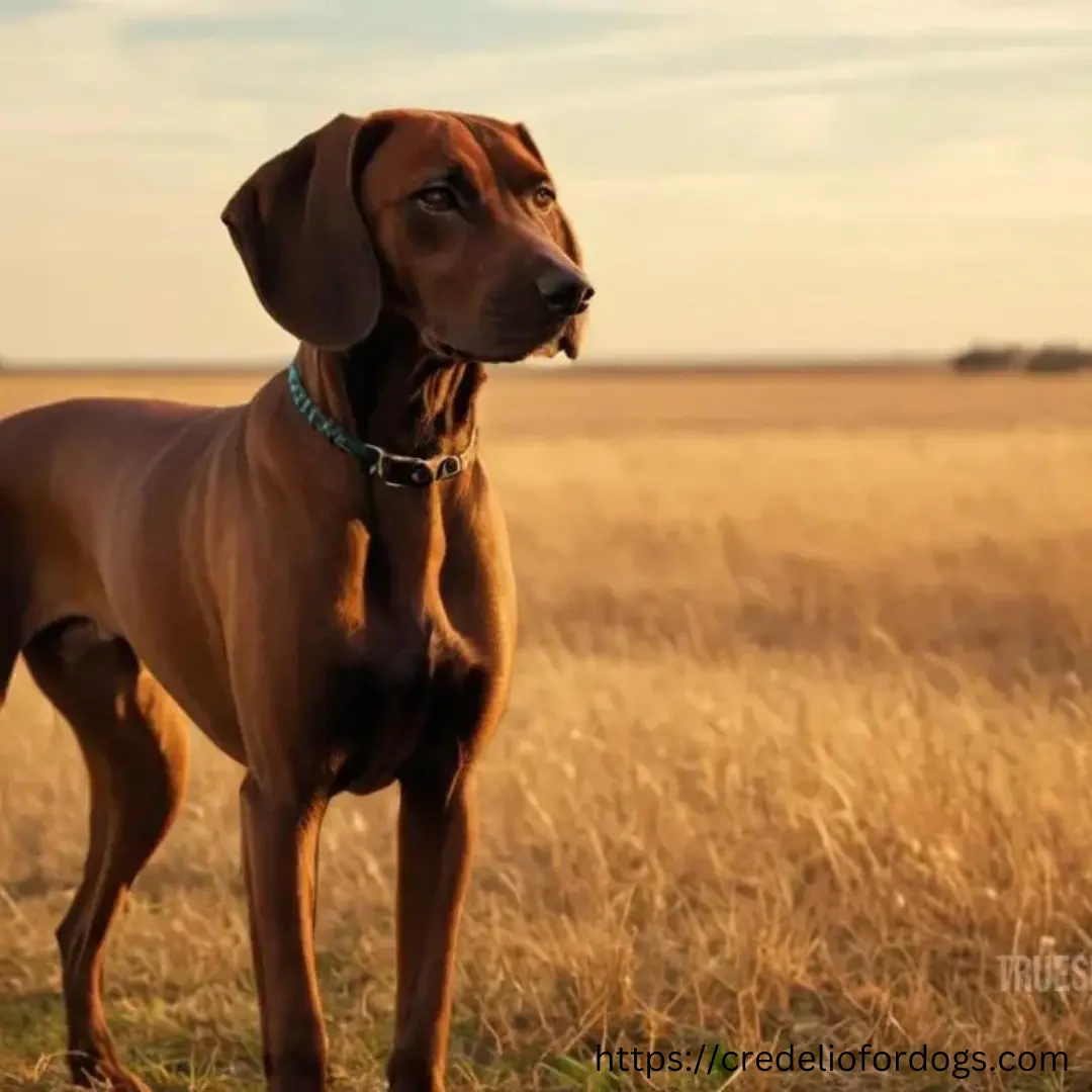 A brown dog standing in an open field.