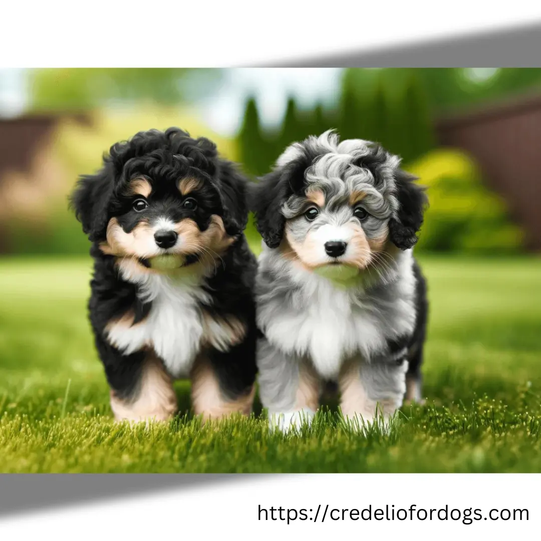 Two adorable black and white Toy Aussiedoodle puppies standing in lush green grass.