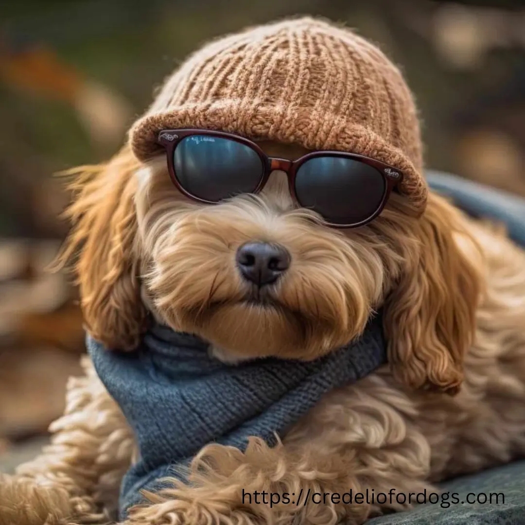 A Brown Goldendoodle dog wearing a hat and sunglasses, looking cool and stylish.