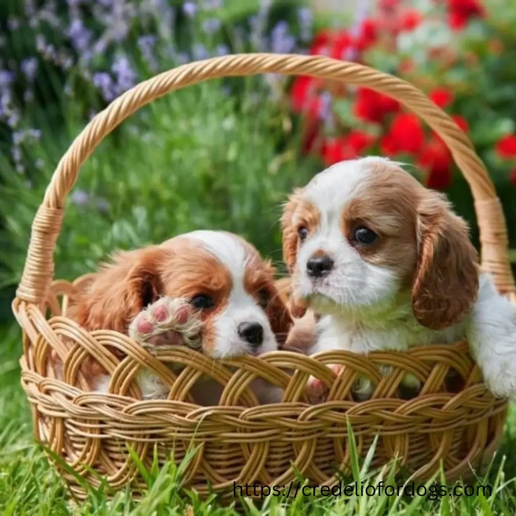 Two small Cavalier King Charles Spaniel dog cuddled up in a basket on the grass.