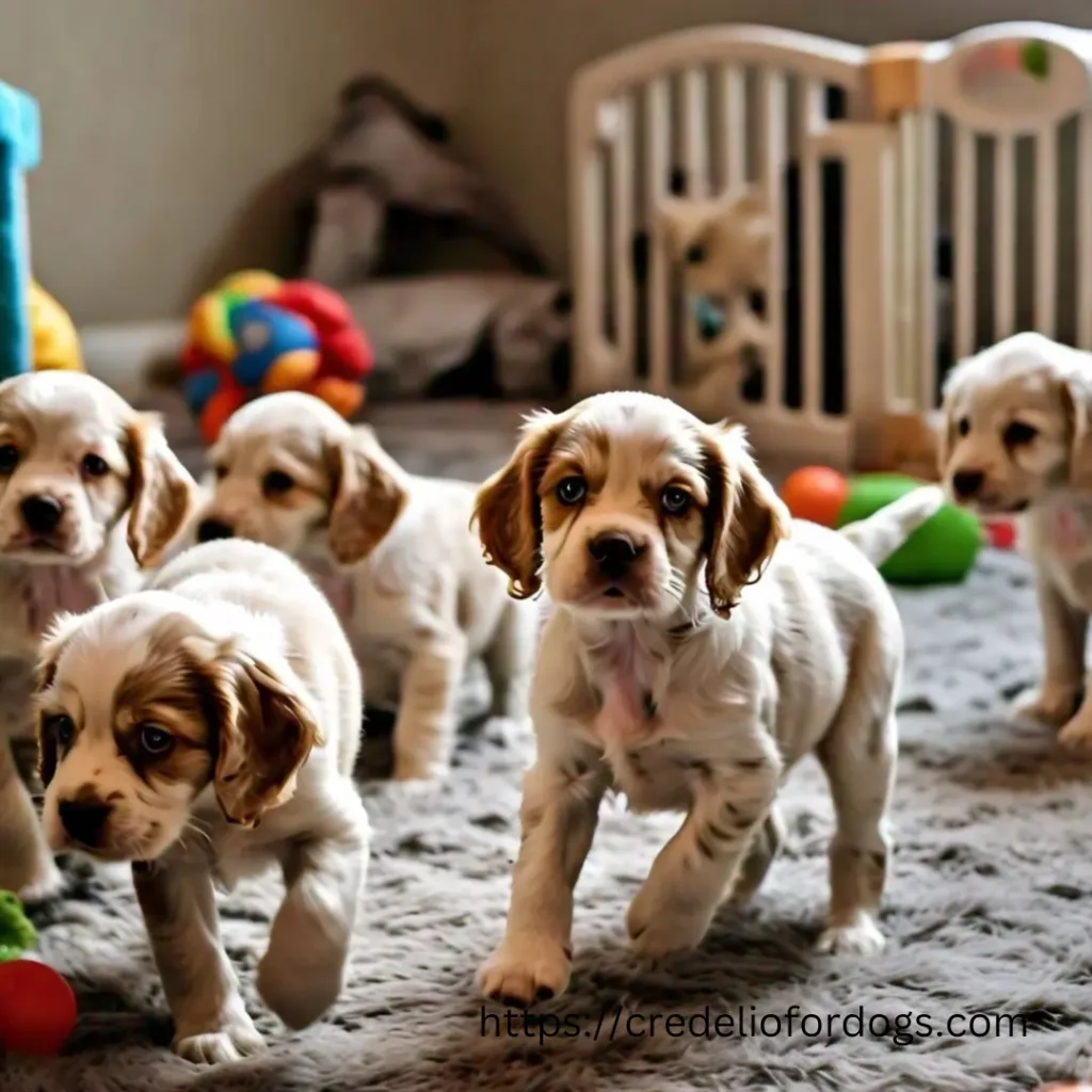 A group of adorable Clumber Spaniel puppies standing together in a room.