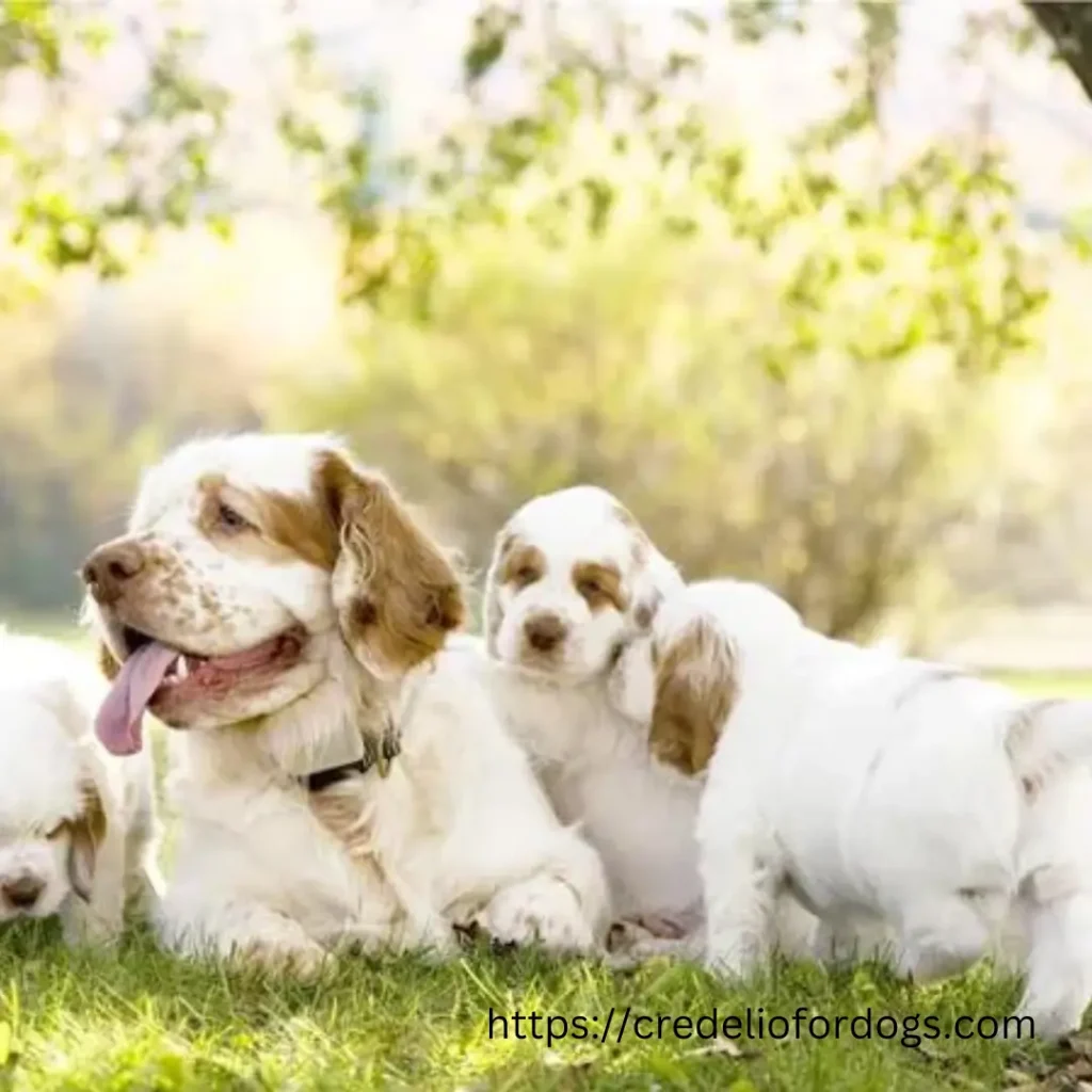 A pack of dogs relaxing on the green grass.