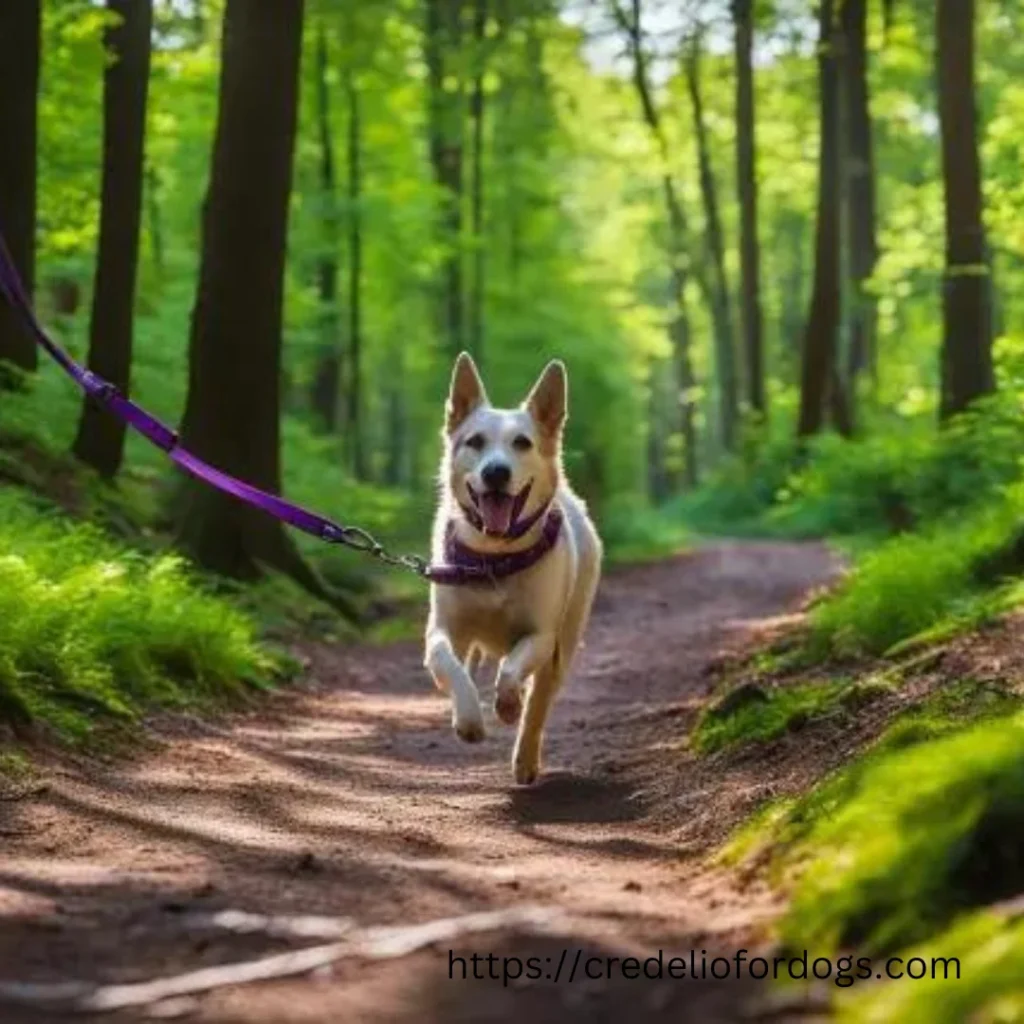 A white dog sprinting on a woodland trail, surrounded by lush green trees and a serene atmosphere.