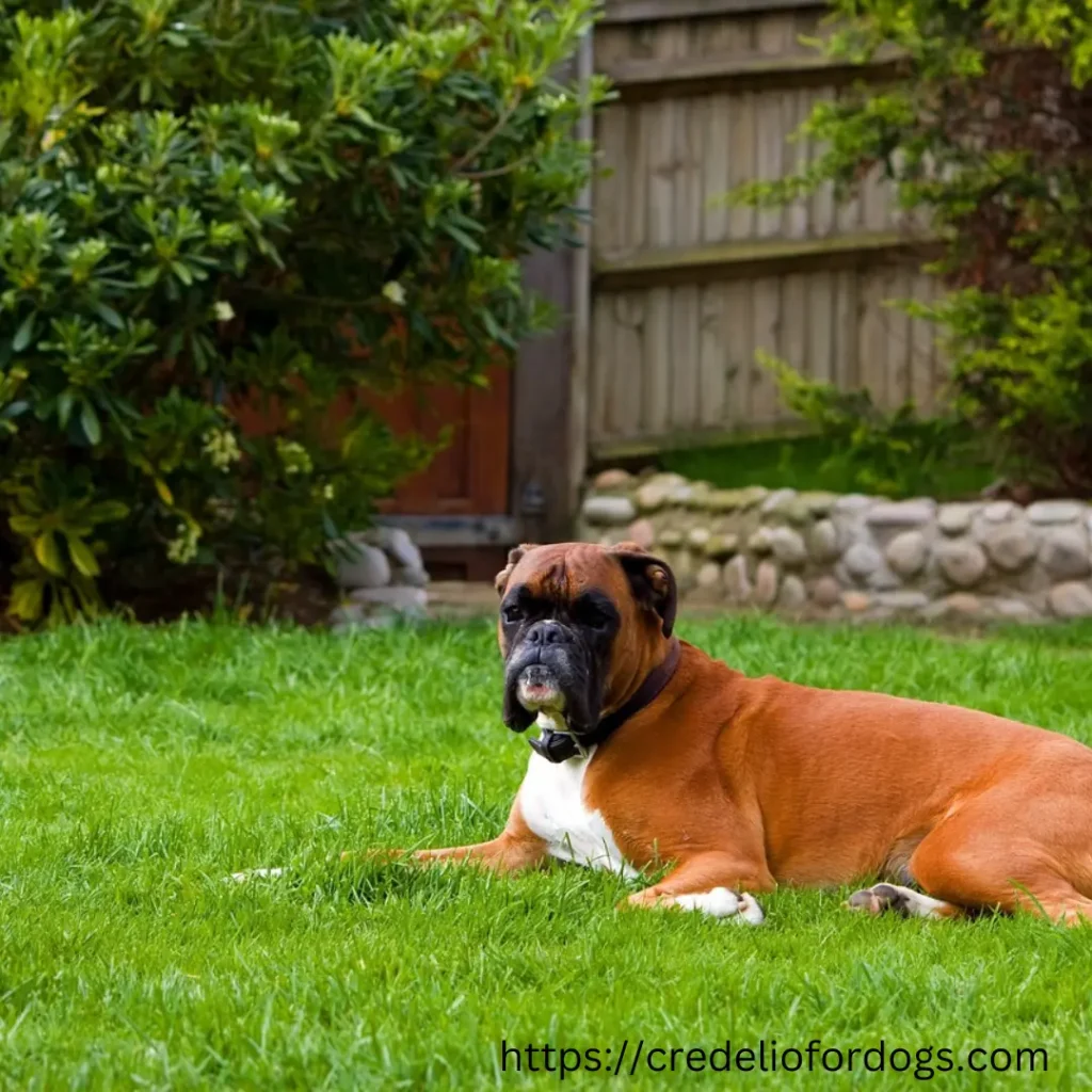 A boxer dogs resting peacefully in the grass.