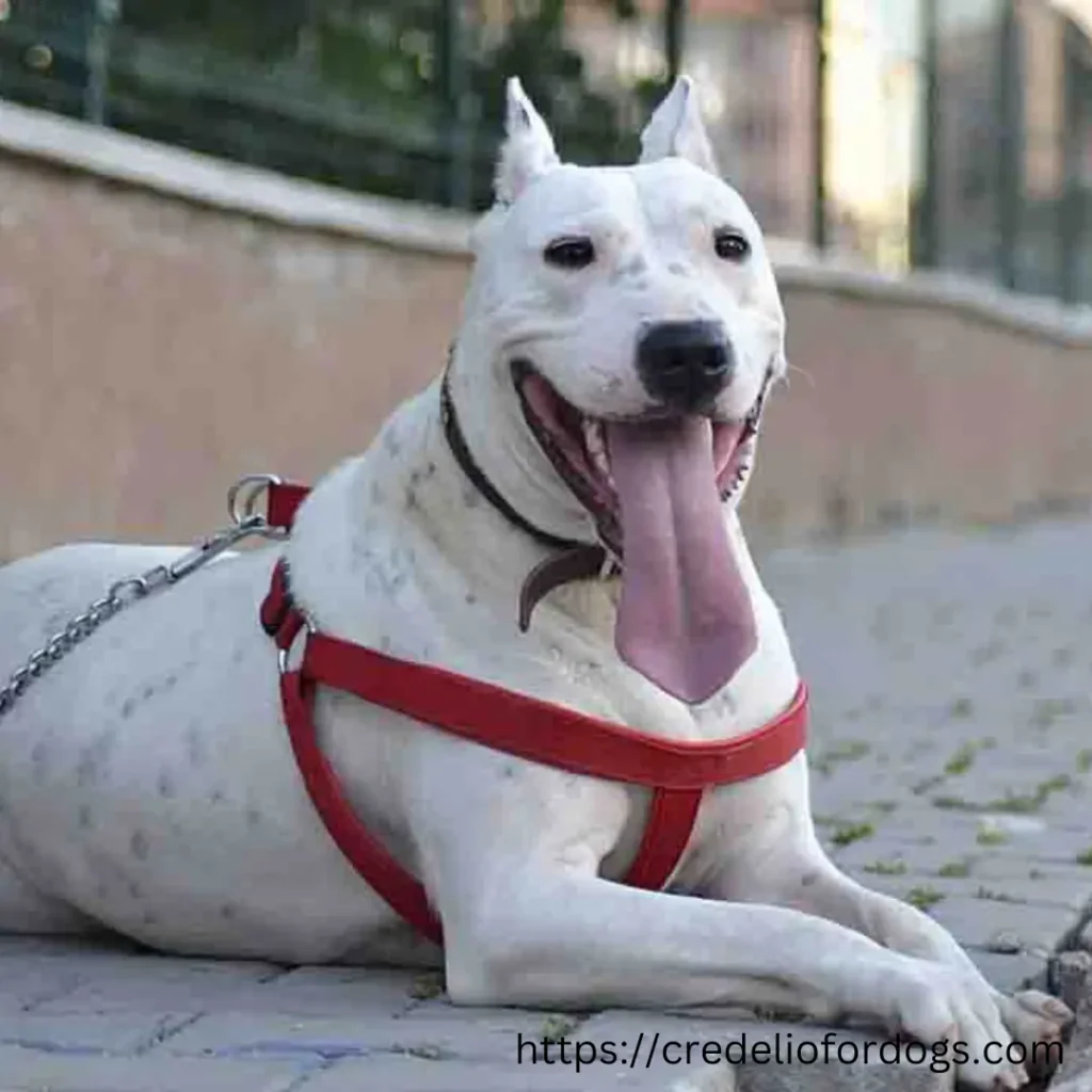 A white Dogo Argentino Puppy with a red harness sitting on the ground.