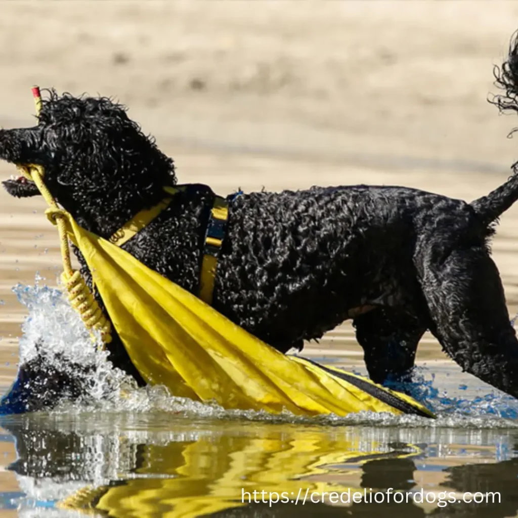 A black Portuguese Water Dog holding a yellow frisbee in its mouth.