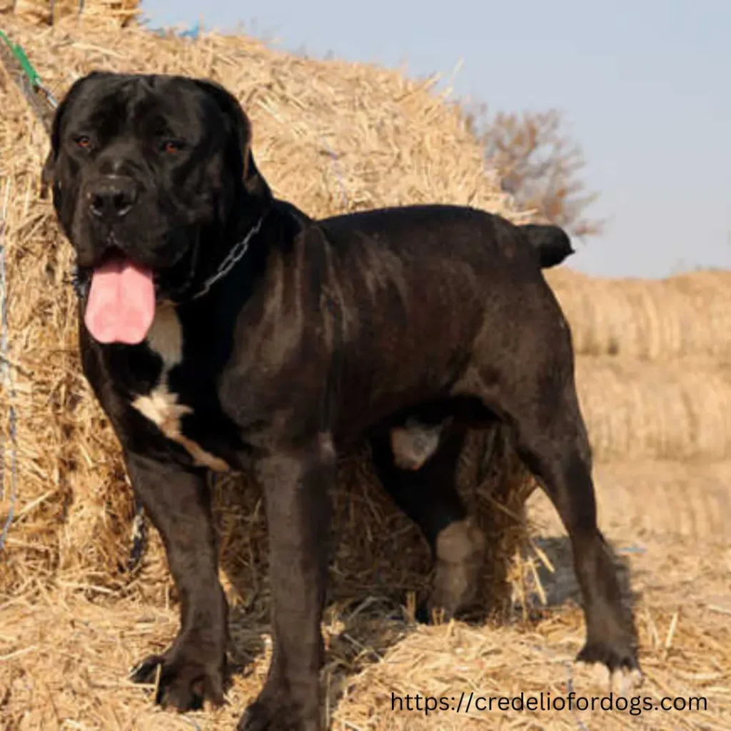 Large black Boerboel dog perched on top of hay.