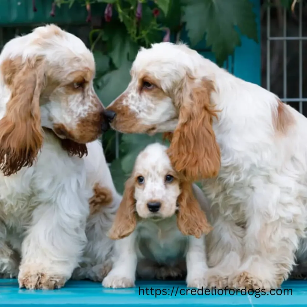 Three Cocker Spaniels dogs relaxing on a blue bench outdoors.